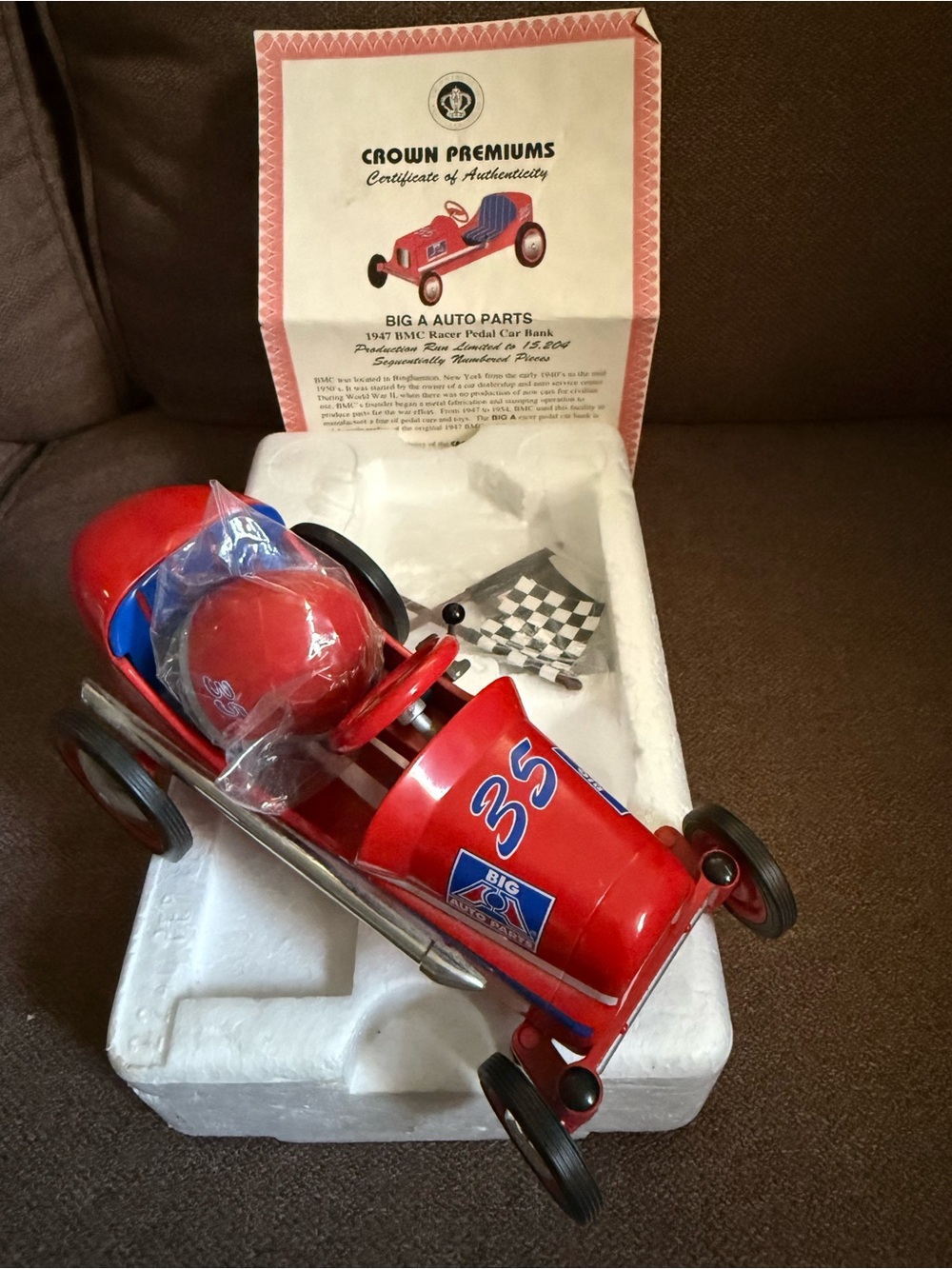 Vintage Crown Premiums 1947 Big A Auto Parts BMC Racer Pedal Car Bank - 1997